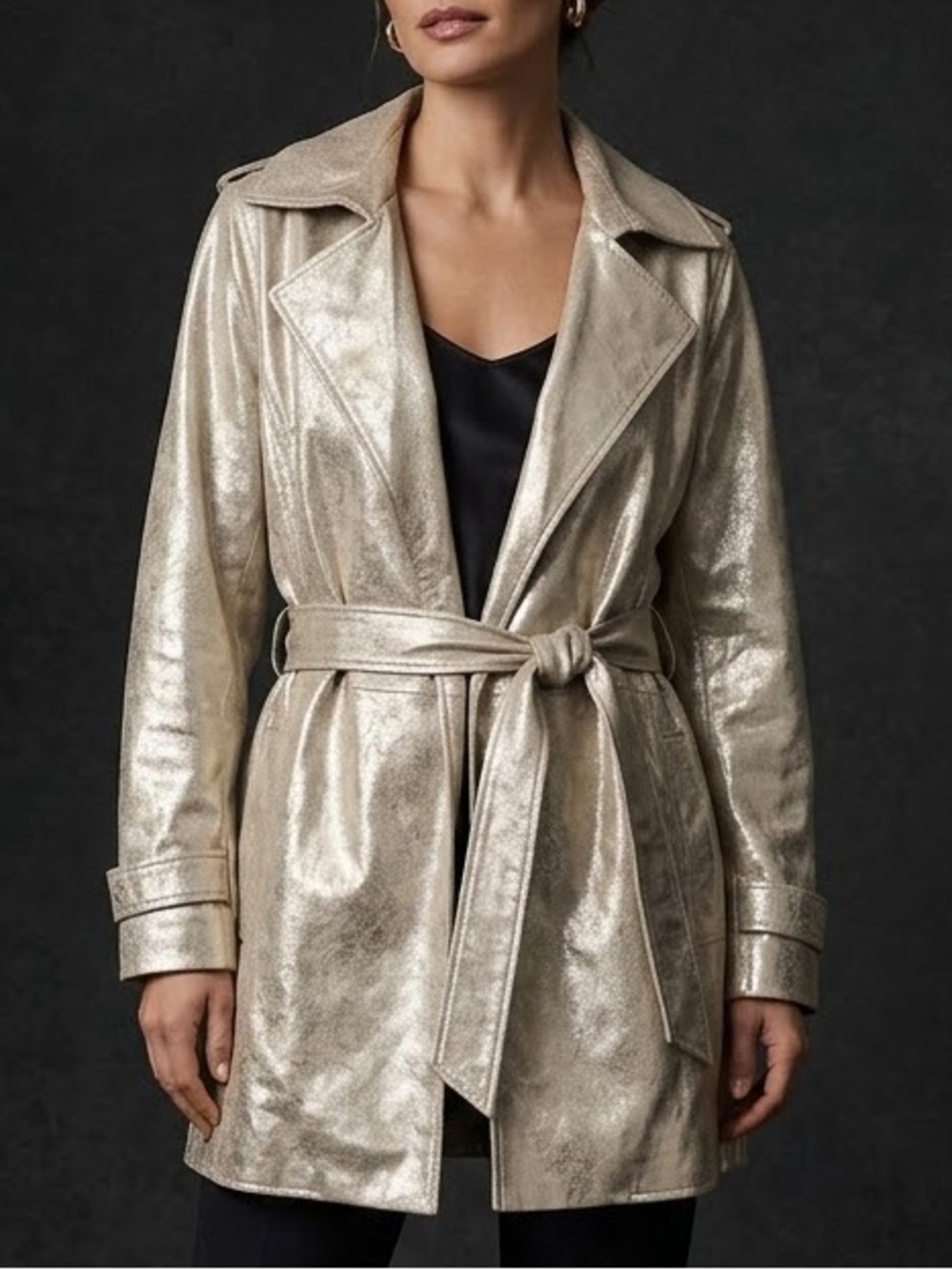 Chico's Silver Twinkle Reese Leather Trench Metallic Coat Jacket Glam Maximalist